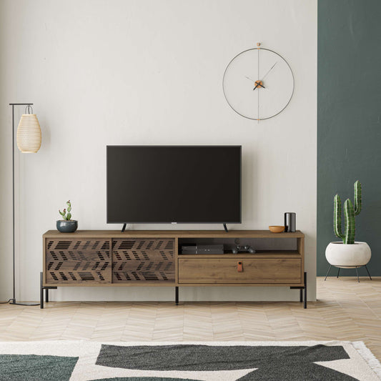 TV unit with laser-cut doors, open shelf and drawer, ideal for stylish media storage in modern living rooms.