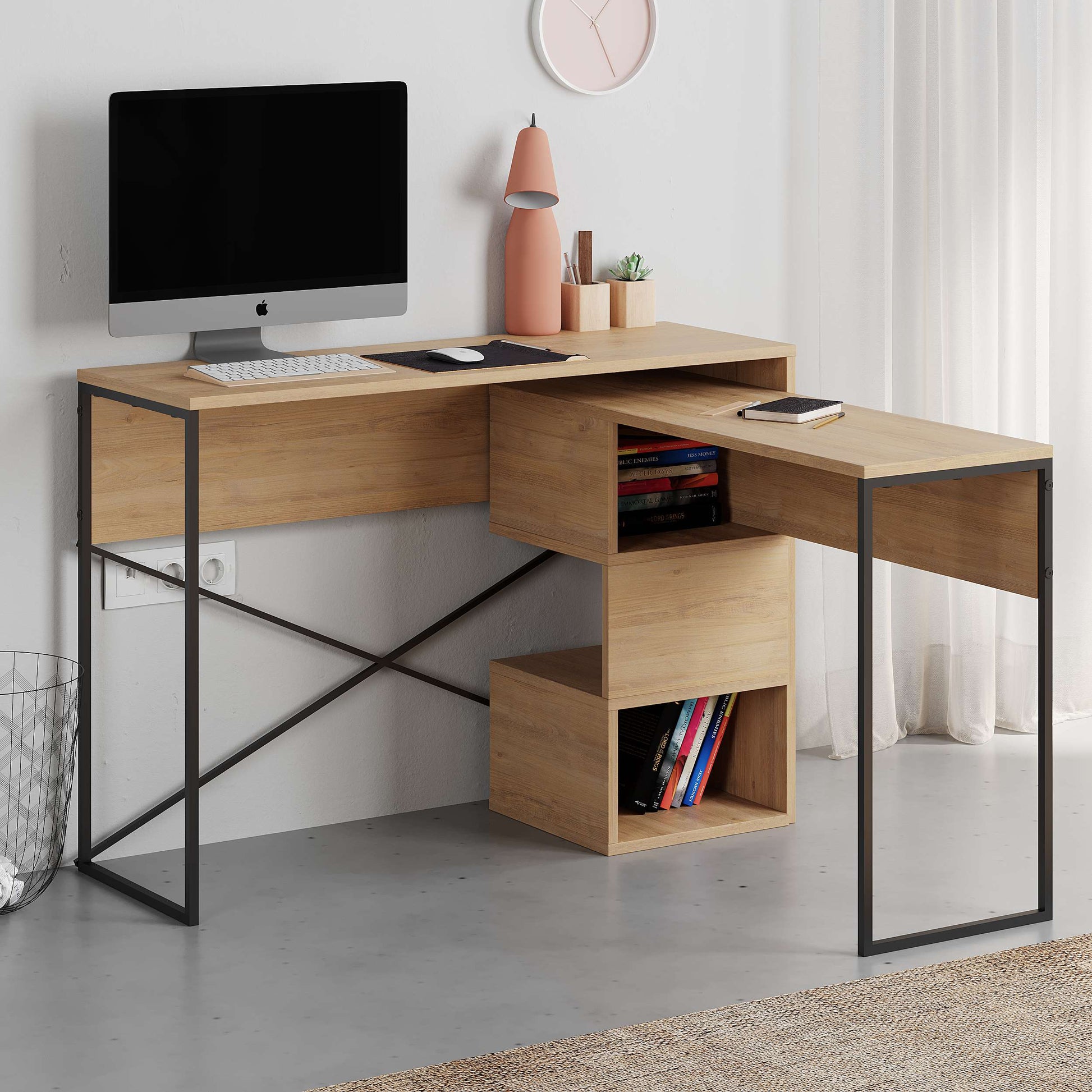 L-shaped computer desk with open shelves for home office, study or gaming setup