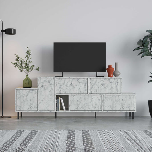 Stepped marble-effect TV unit with push-open drawers and shelves, ideal for stylish living room media storage.