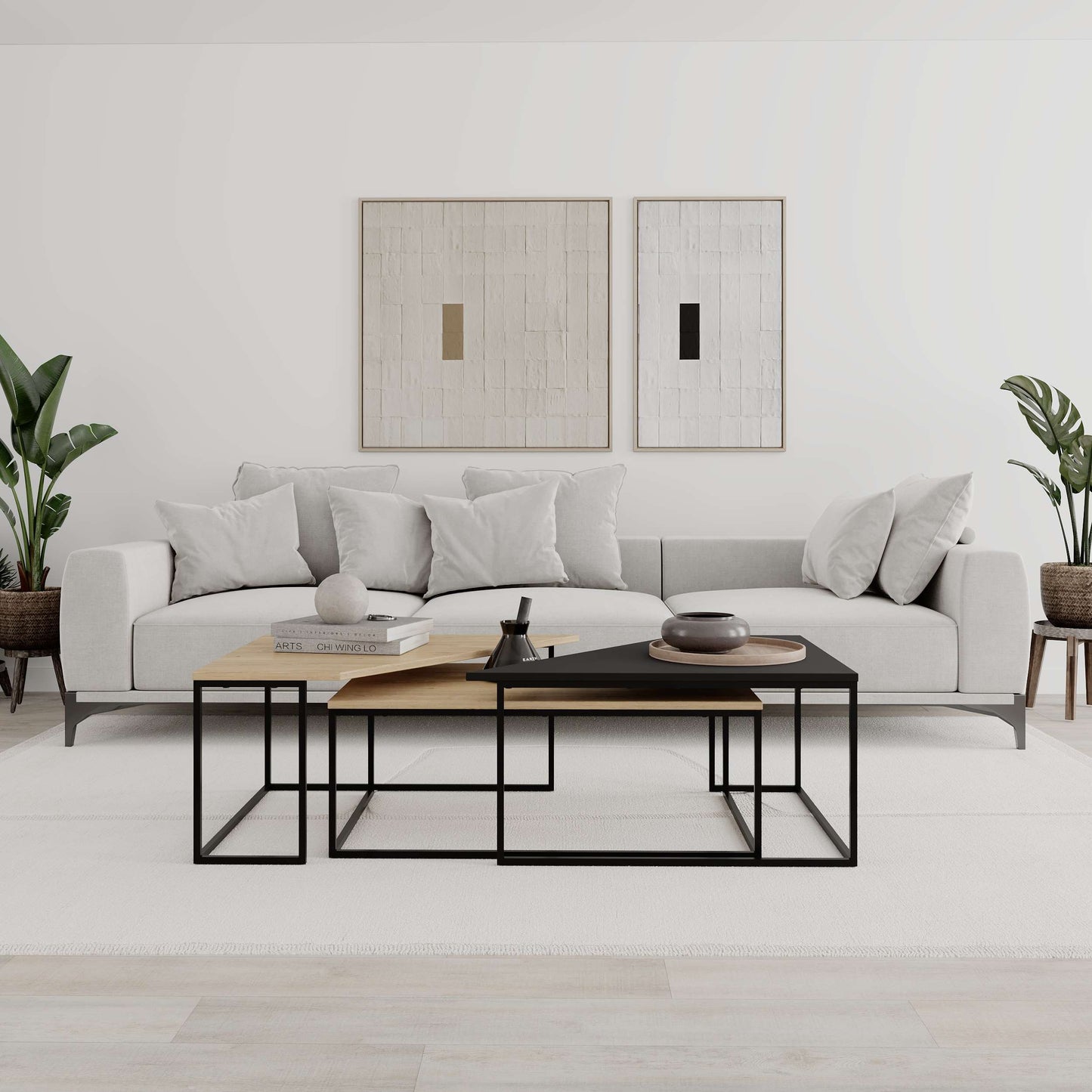 3-piece nesting coffee table set with geometric tops and metal frames, perfect for flexible and space-saving living room use.