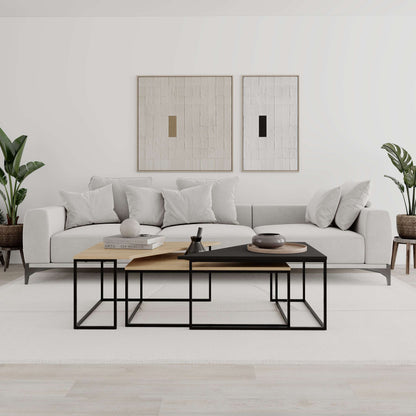 3-piece nesting coffee table set with geometric tops and metal frames, perfect for flexible and space-saving living room use.