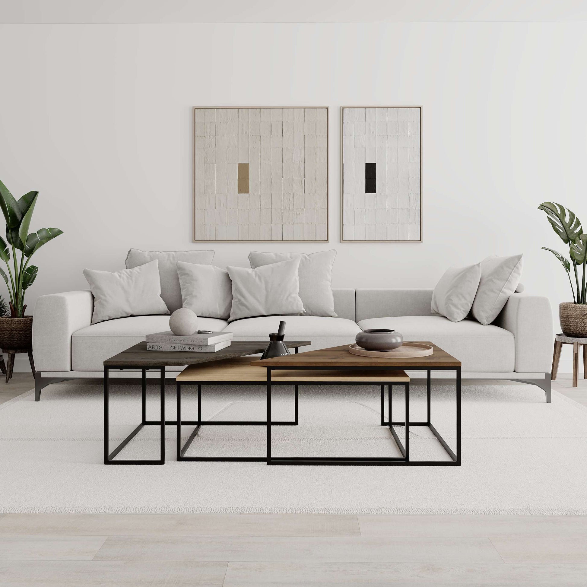 3-piece nesting coffee table set with geometric tops and metal frames, perfect for flexible and space-saving living room use.