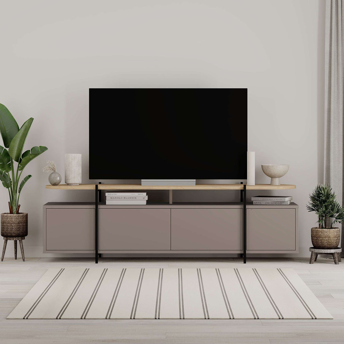 Modern TV unit with open shelf and closed storage for living room entertainment setup, grey marble effect - oak