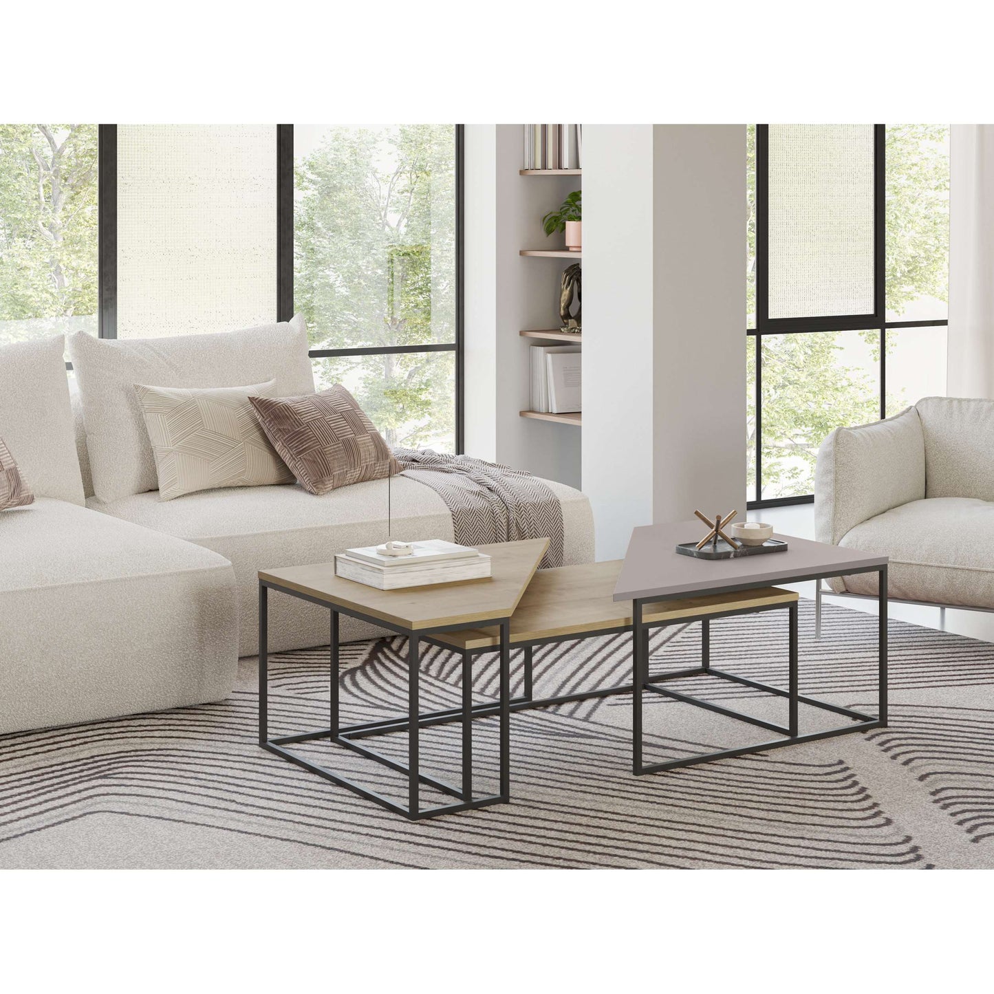 3-piece nesting coffee table set with geometric tops and metal frames, perfect for flexible and space-saving living room use.
