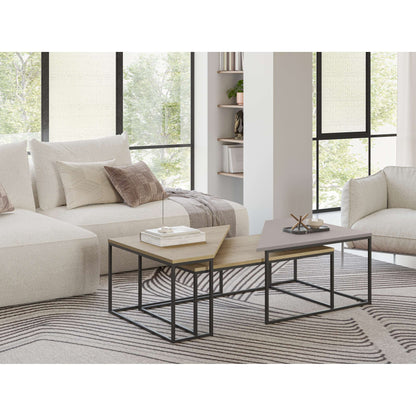 3-piece nesting coffee table set with geometric tops and metal frames, perfect for flexible and space-saving living room use.