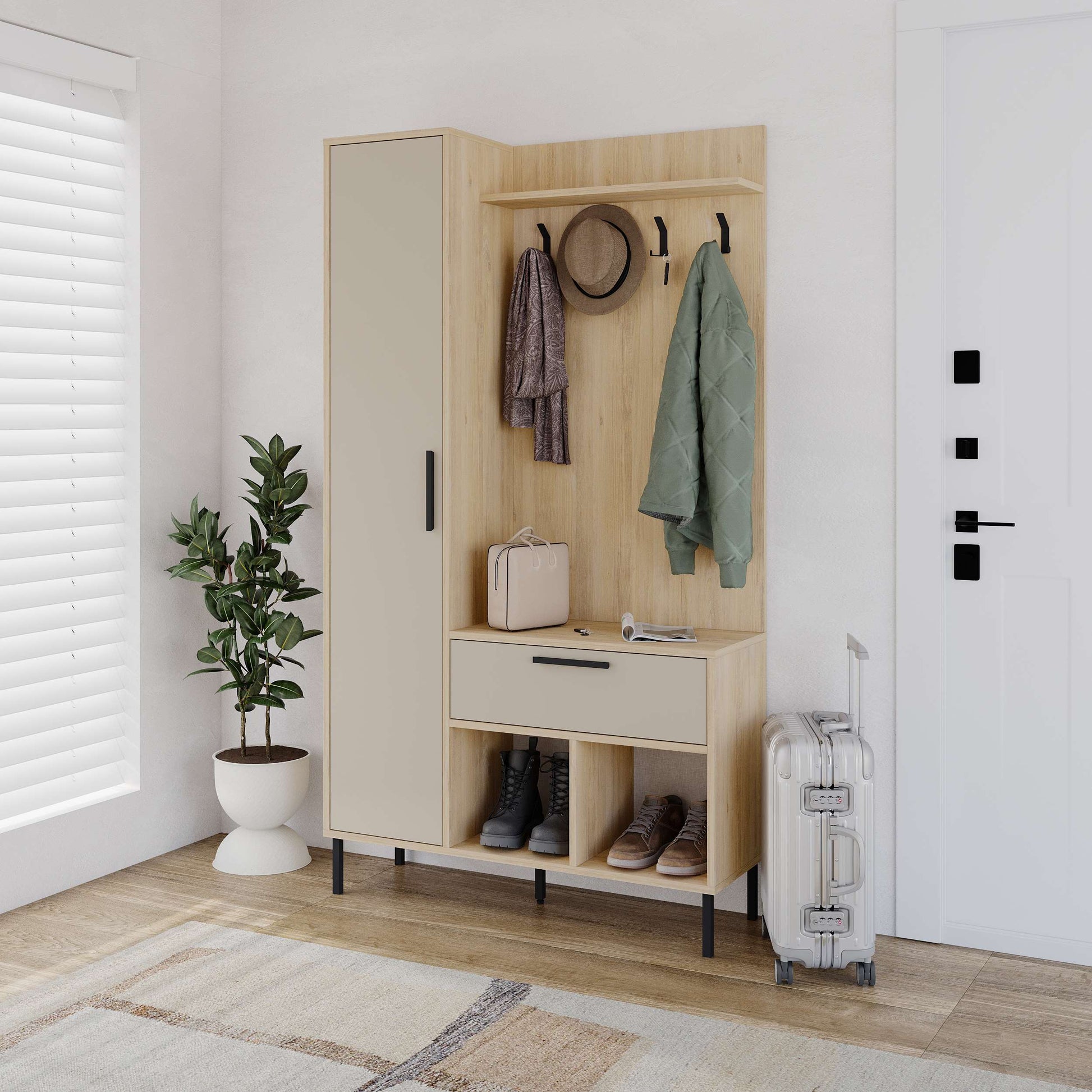 Modern hallway wardrobe with coat hooks, shoe storage, and drawer, ideal for compact entranceway organisation.