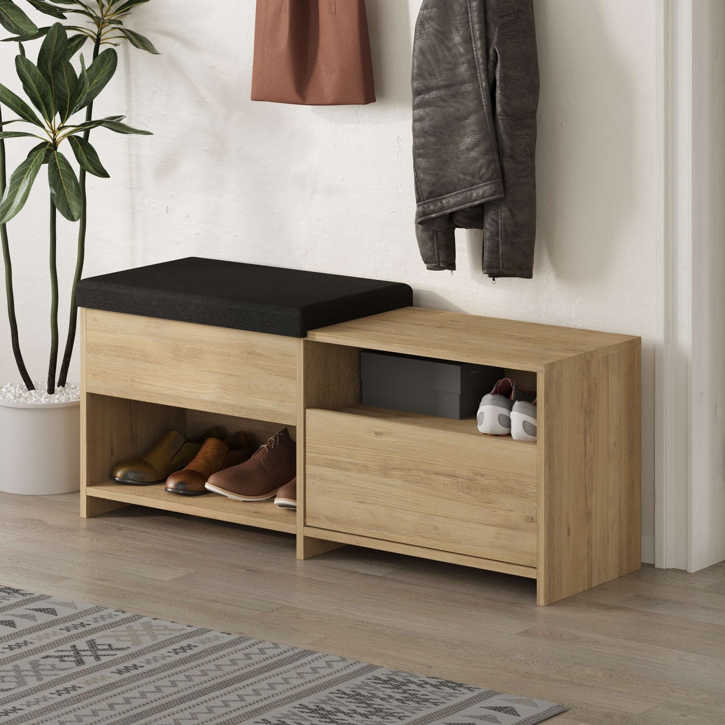 Compact hallway shoe bench with cushioned seat, open shelves and flap compartment, perfect for entryway storage.