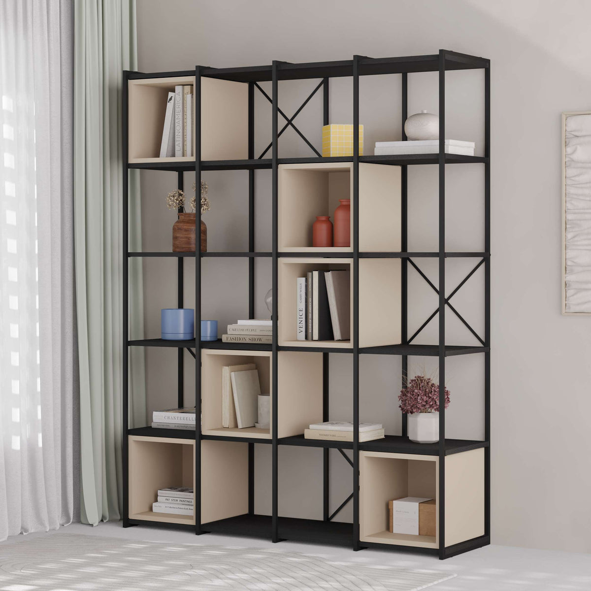 Large modular bookcase with cube shelves and black metal frame, perfect for spacious living rooms or home libraries.