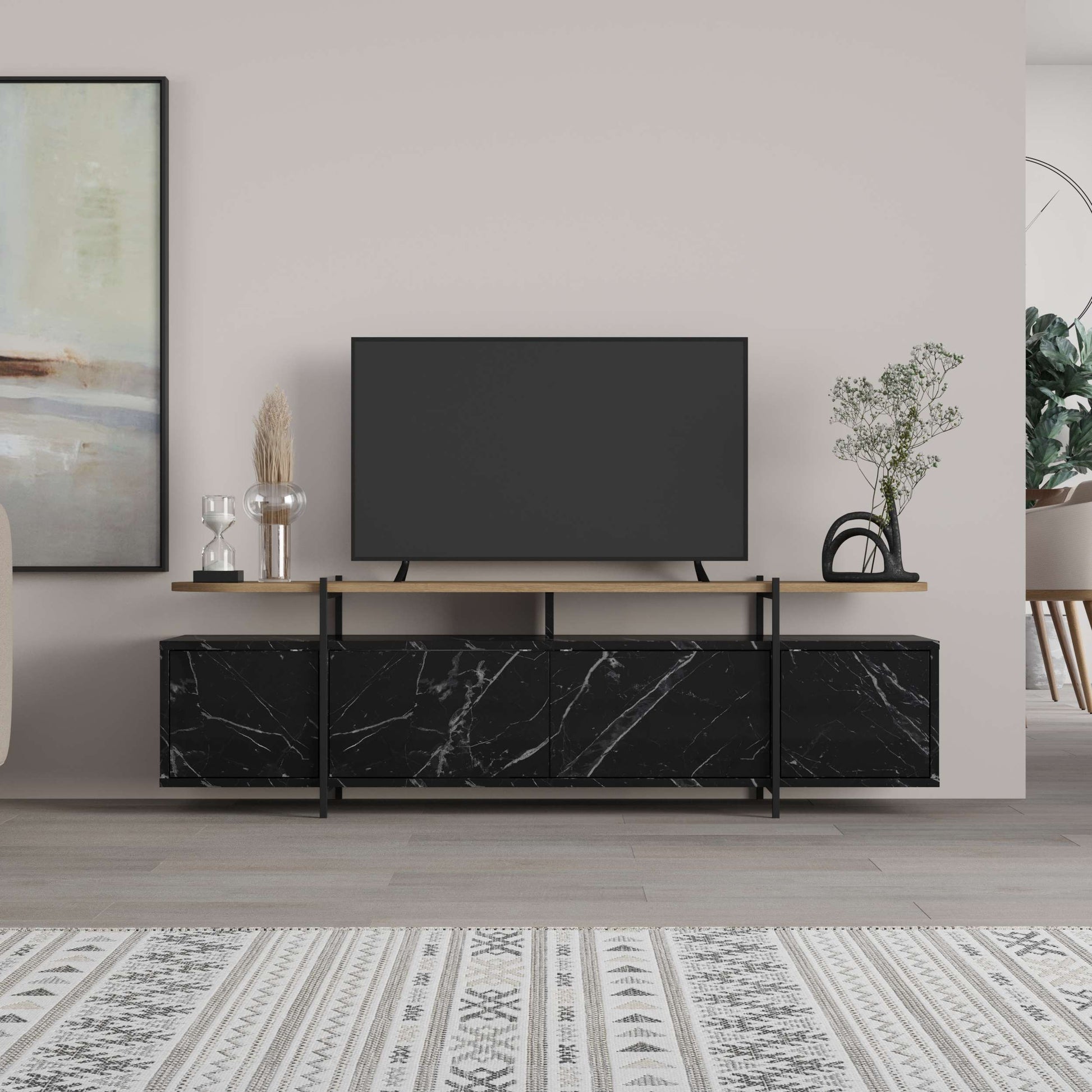 Modern TV unit with open shelf and closed storage for living room entertainment setup, black marble effect - oak