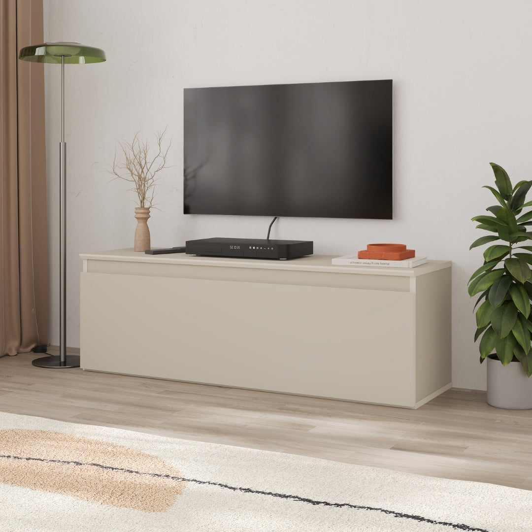 Modern Sunset TV Stand with Drop-Down Door – Sandstone
