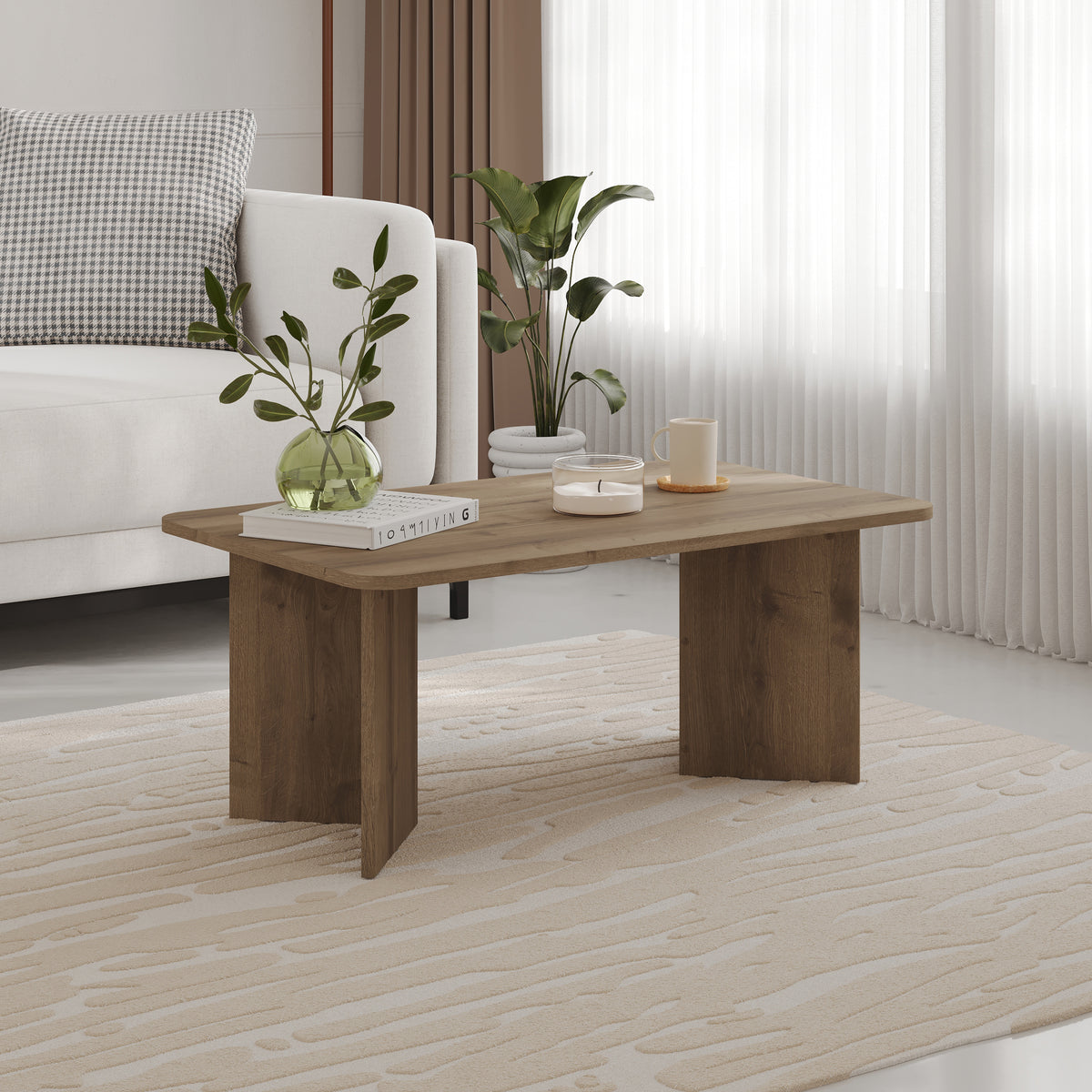 Sarnby 100cm Rectangular Coffee Table with Twin Panel Base — Natural Oak, image 1