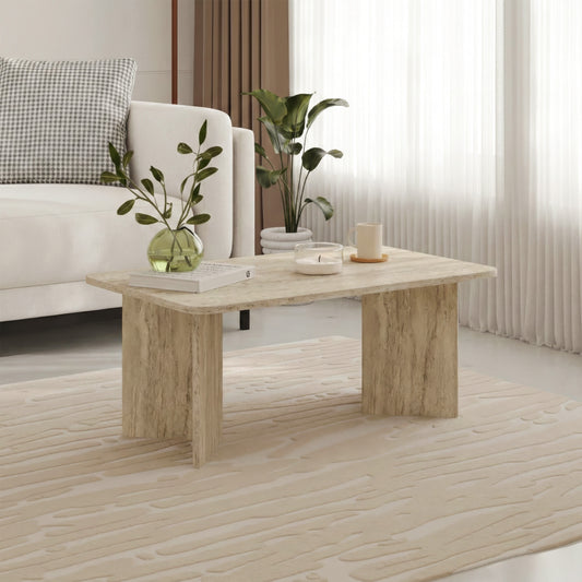 Sarnby 100cm Rectangular Coffee Table with Twin Panel Base — Travertine, image 1