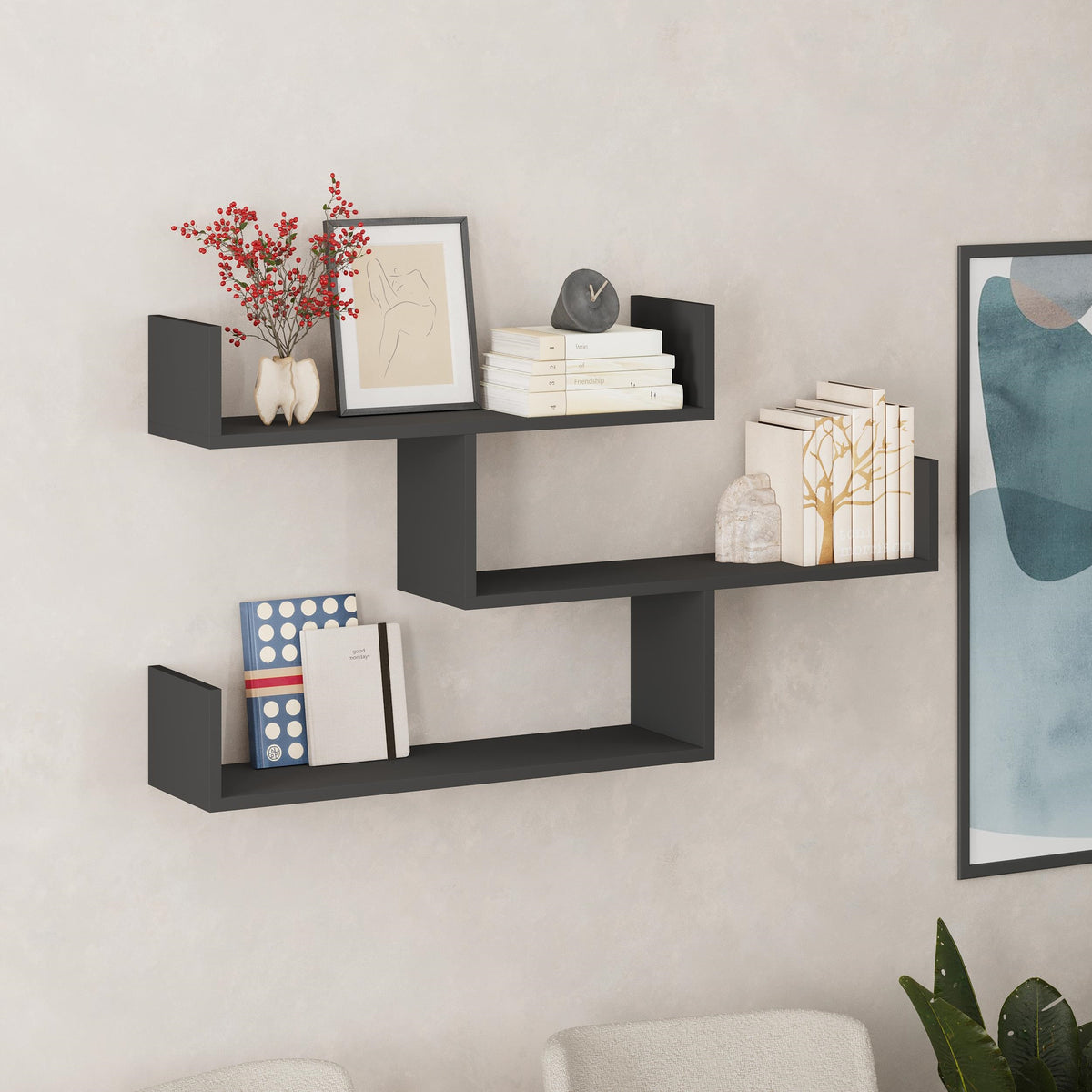 Snerra 119 cm 3-Tier Wall-Mounted Shelf Unit — Anthracite Grey, image 1