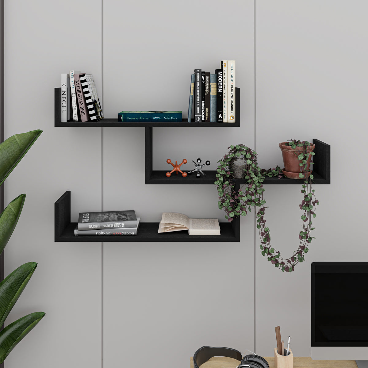 Snerra 119 cm 3-Tier Wall-Mounted Shelf Unit — Black Wood, image 1