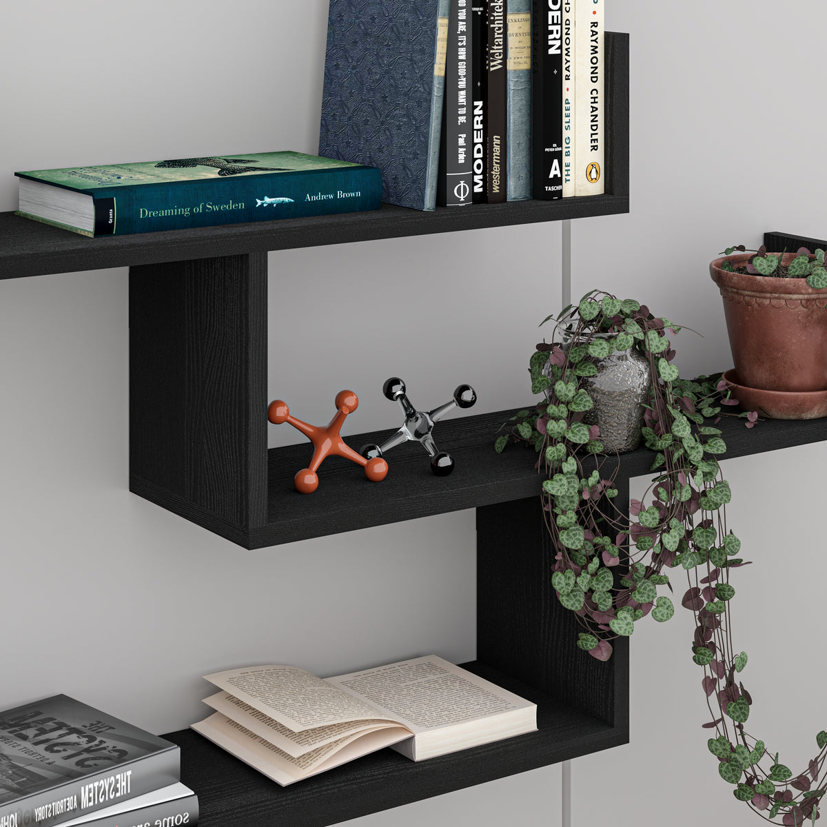 Snerra 119 cm 3-Tier Wall-Mounted Shelf Unit — Black Wood, image 2