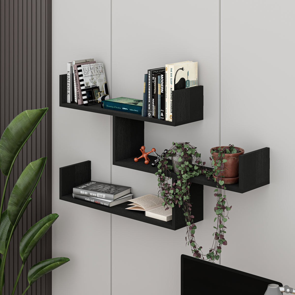 Snerra 119 cm 3-Tier Wall-Mounted Shelf Unit — Black Wood, image 3