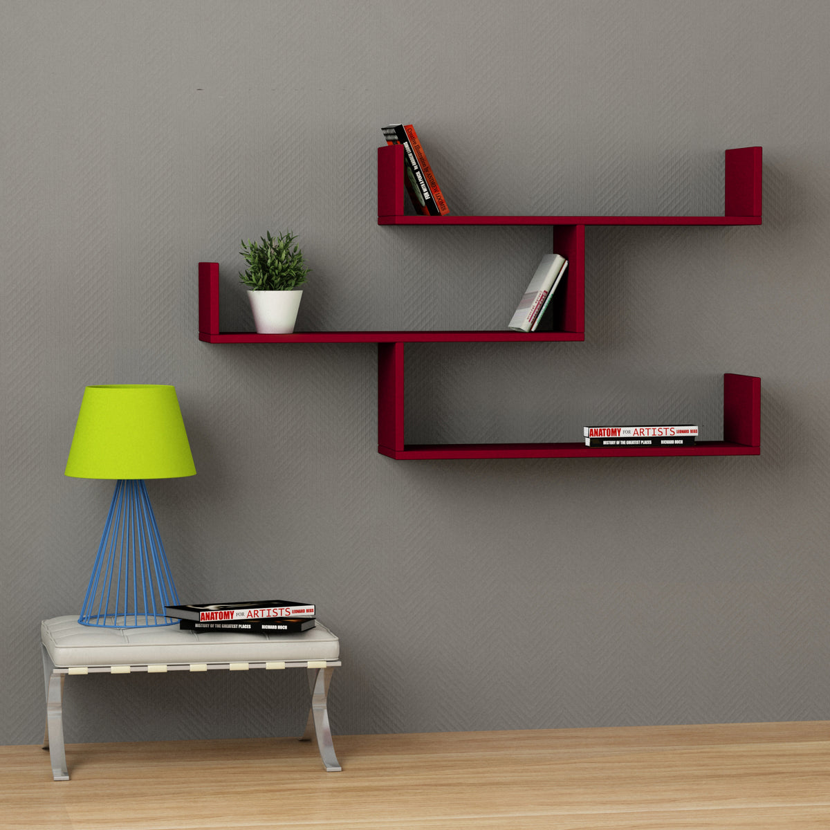 Snerra 119 cm 3-Tier Wall-Mounted Shelf Unit — Burgundy, image 1