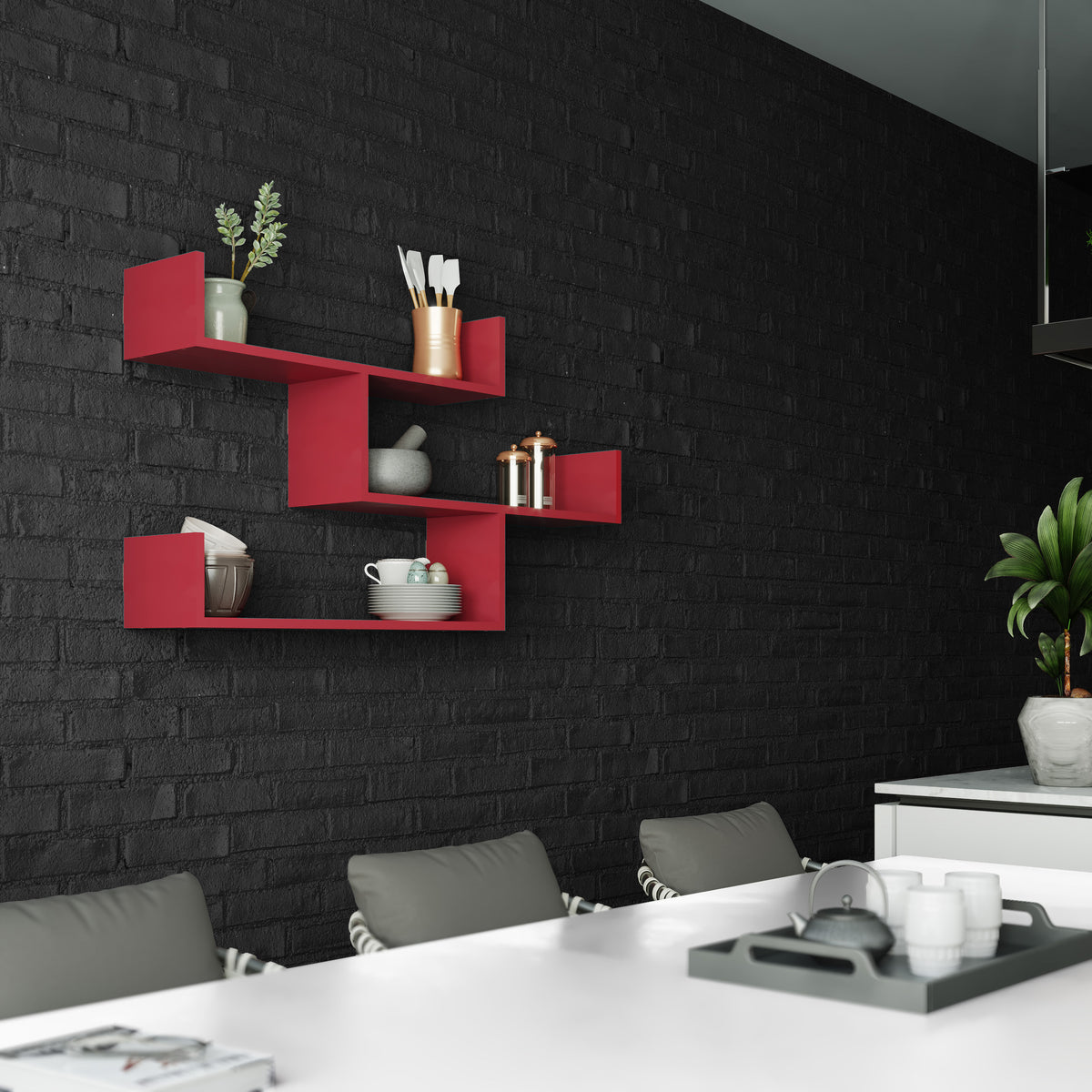Snerra 119 cm 3-Tier Wall-Mounted Shelf Unit — Burgundy, image 2