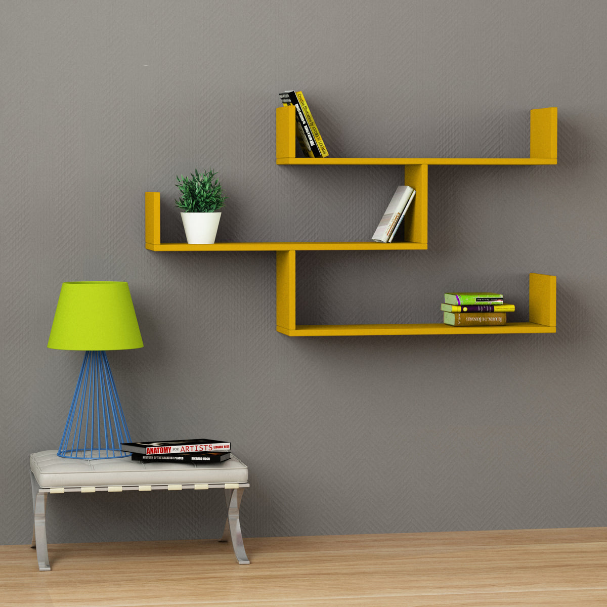 Snerra 119 cm 3-Tier Wall-Mounted Shelf Unit — Mustard, image 1