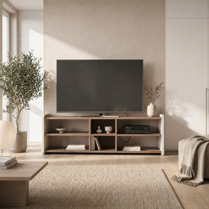 Stenmo 150cm Open TV Unit with 6 Shelves, Two-Tone Finish — Whiskey Oak, Travertine, image 1