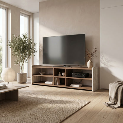 Stenmo 150cm Open TV Unit with 6 Shelves, Two-Tone Finish — Whiskey Oak, Travertine, image 2