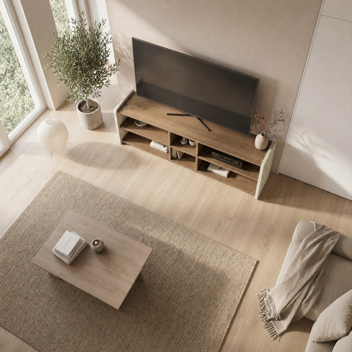 Stenmo 150cm Open TV Unit with 6 Shelves, Two-Tone Finish — Whiskey Oak, Travertine, image 3
