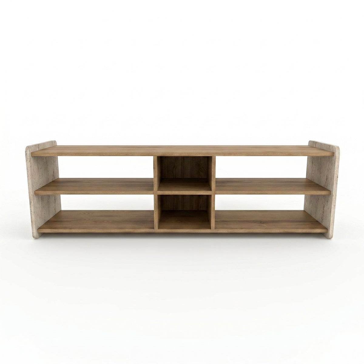 Stenmo 150cm Open TV Unit with 6 Shelves, Two-Tone Finish — Whiskey Oak, Travertine, image 4