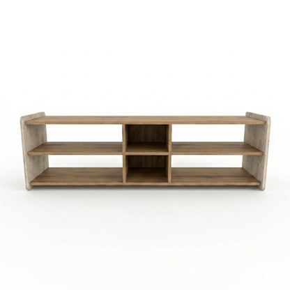 Stenmo 150cm Open TV Unit with 6 Shelves, Two-Tone Finish — Whiskey Oak, Travertine, image 4