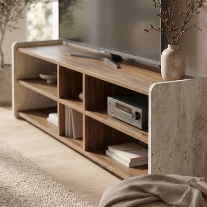 Stenmo 150cm Open TV Unit with 6 Shelves, Two-Tone Finish — Whiskey Oak, Travertine, image 5