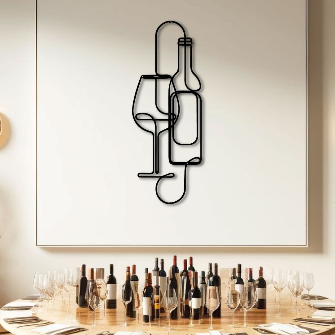 Wine & Glass Metal Wall Art – 3D Minimal Bottle and Glass Decor | 2 Size Options