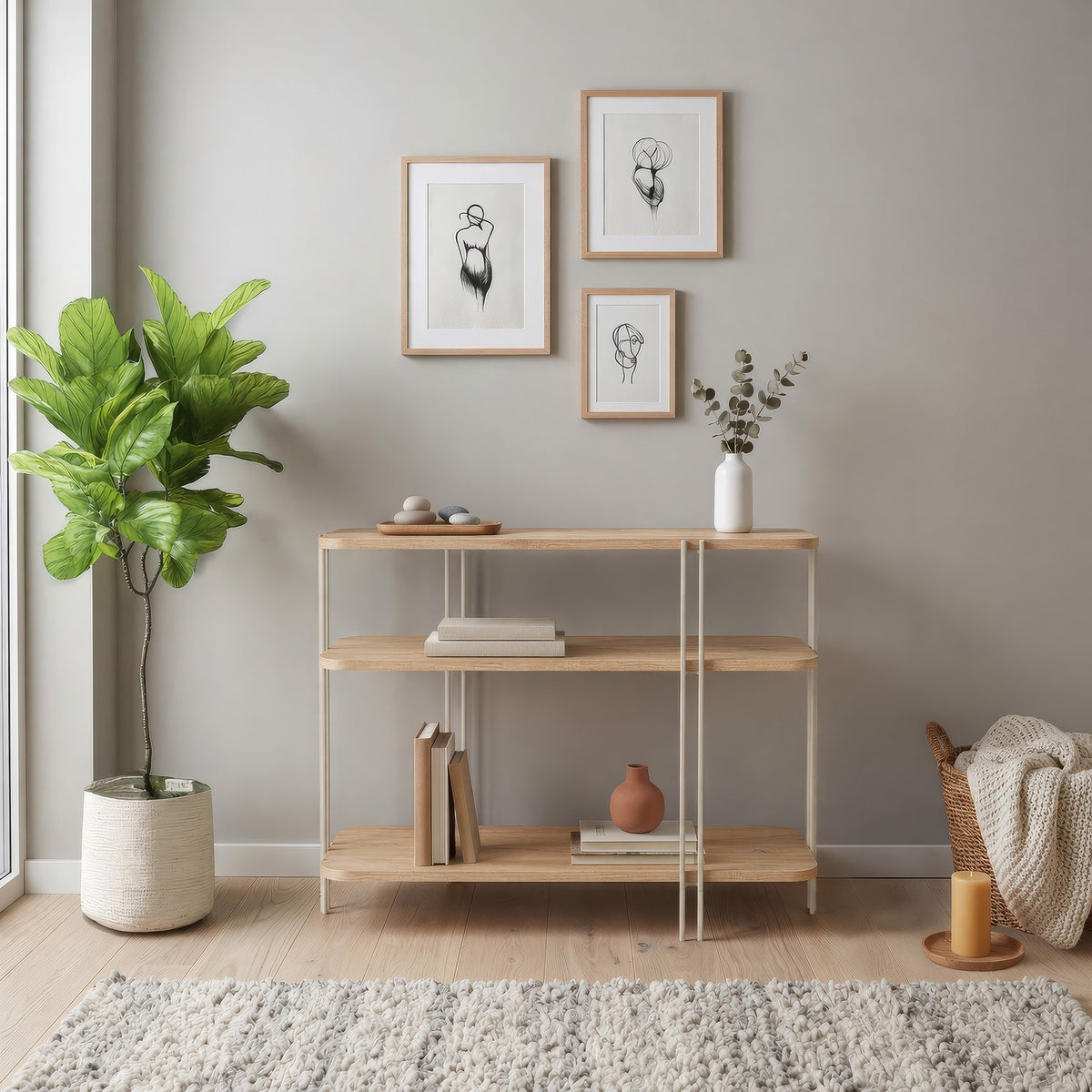 Tisvo 92cm 3-Tier Open Console Table with Metal Frame — Oak, image 2