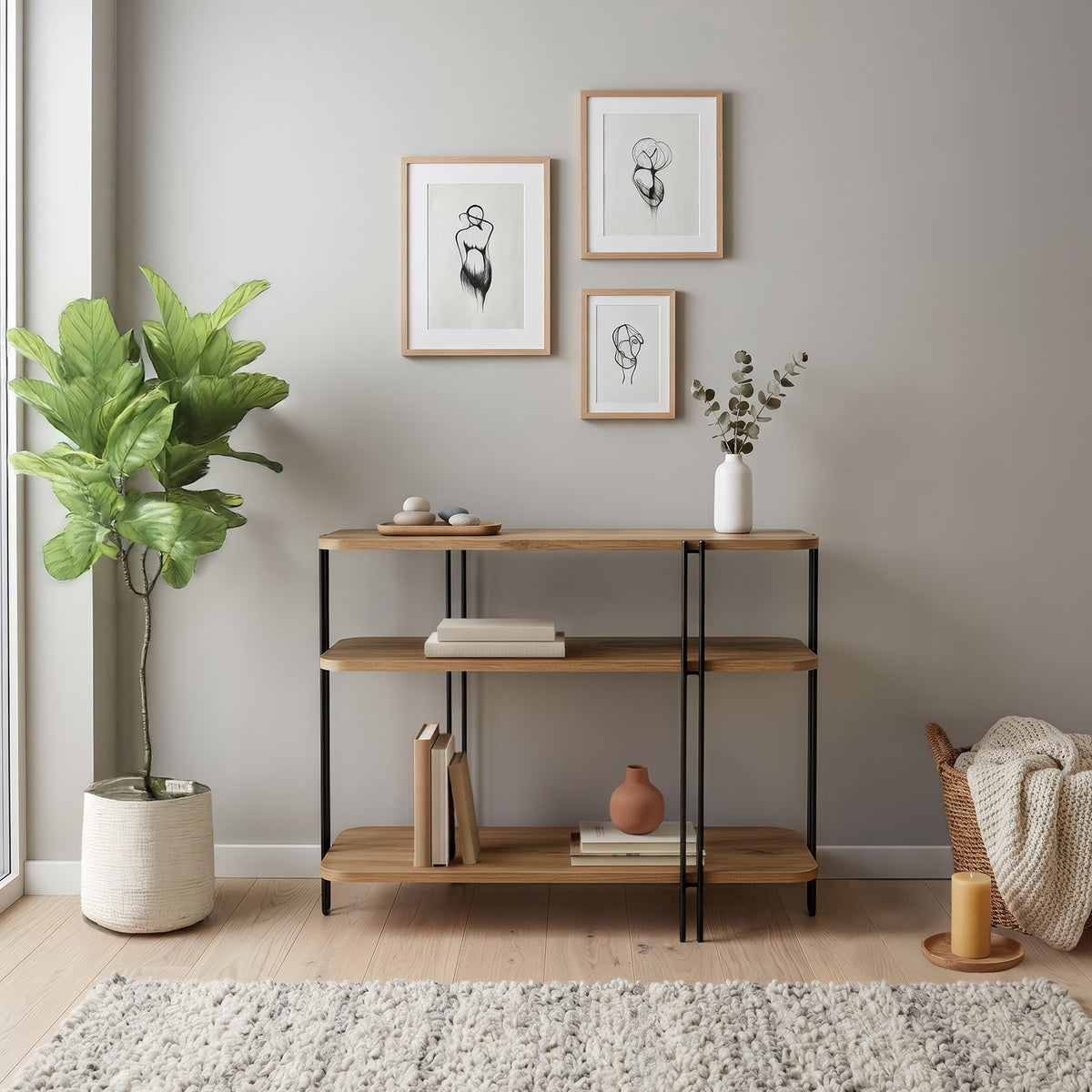 Tisvo 92cm 3-Tier Open Console Table with Metal Frame — Whiskey Oak, image 2