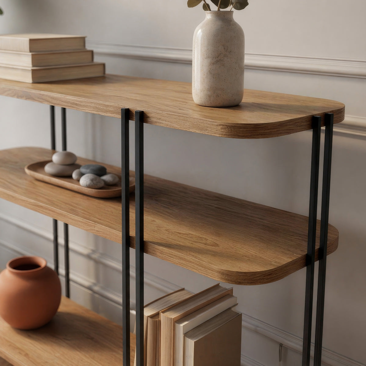 Tisvo 92cm 3-Tier Open Console Table with Metal Frame — Whiskey Oak, image 3