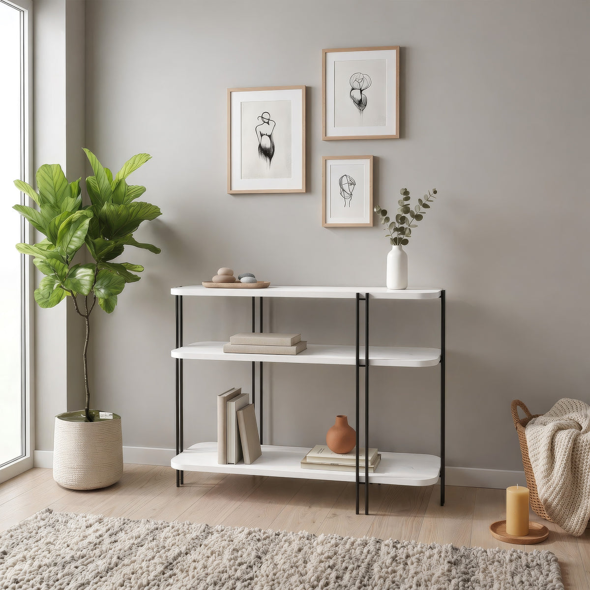 Tisvo 92cm 3-Tier Open Console Table with Metal Frame — White, image 1