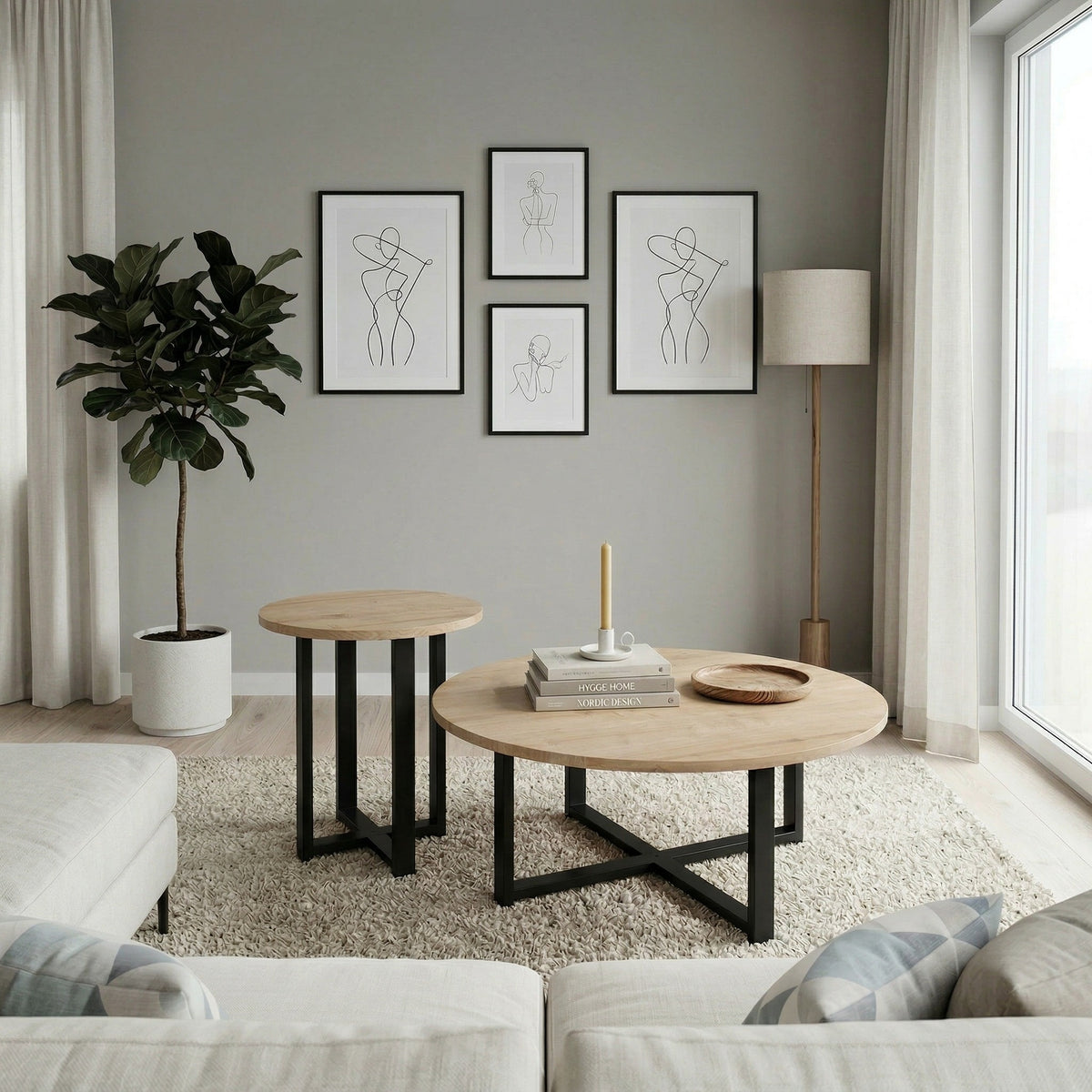 Trelvo 90cm Round Coffee & Side Table Set with Metal Cross Base — Oak, image 1