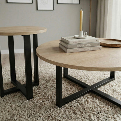 Trelvo 90cm Round Coffee & Side Table Set with Metal Cross Base — Oak, image 2