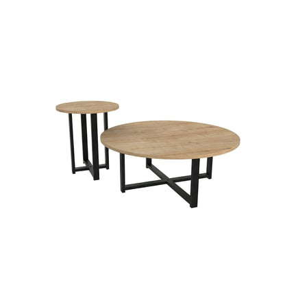 Trelvo 90cm Round Coffee & Side Table Set with Metal Cross Base — Oak, image 3
