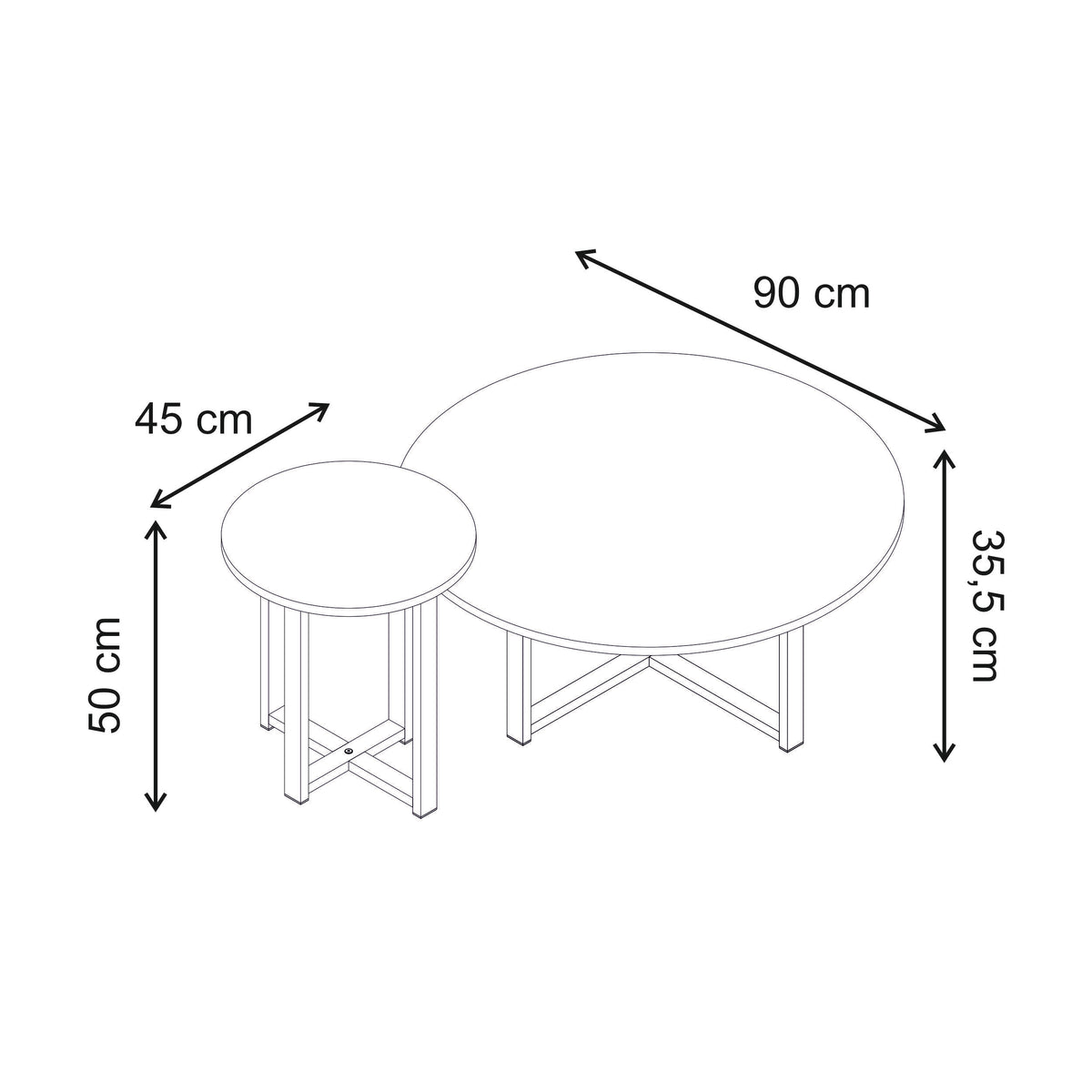 Trelvo 90cm Round Coffee & Side Table Set with Metal Cross Base — Oak, image 5