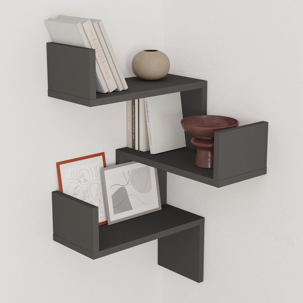 Ulvra 40 cm Zigzag Corner Wall Shelf, 3 Tiers — Anthracite, image 1