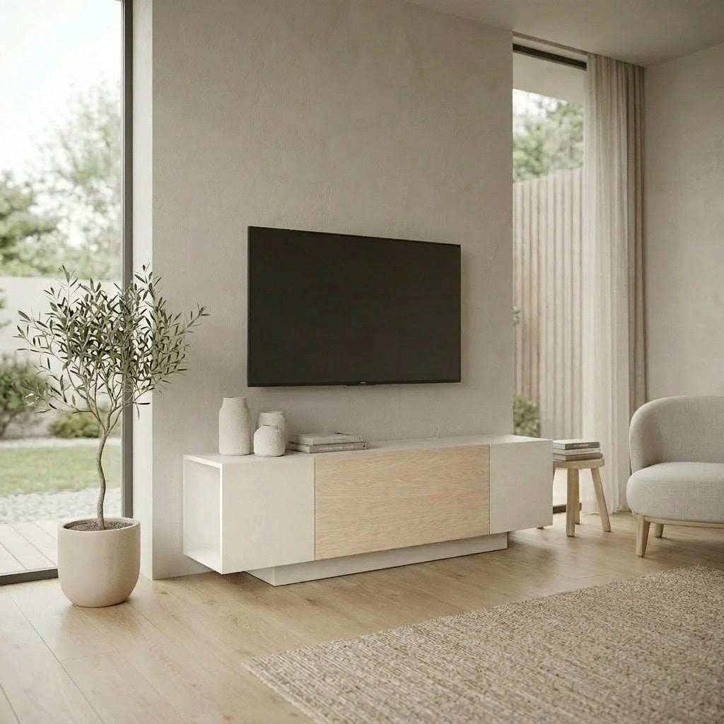 Valdre 150cm TV Unit with 2 Cupboards and Open Shelf, Plinth Base — Sandstone, Sonoma Oak, White, image 1