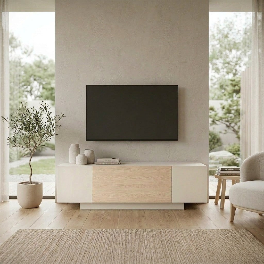 Valdre 150cm TV Unit with 2 Cupboards and Open Shelf, Plinth Base — Sandstone, Sonoma Oak, White, image 2