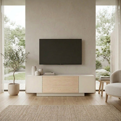 Valdre 150cm TV Unit with 2 Cupboards and Open Shelf, Plinth Base — Sandstone, Sonoma Oak, White, image 2