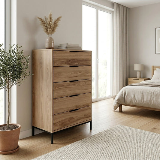 Velgar 70 cm Tall 5 Drawer Chest of Drawers, Soft-Close — Whiskey Oak, image 1