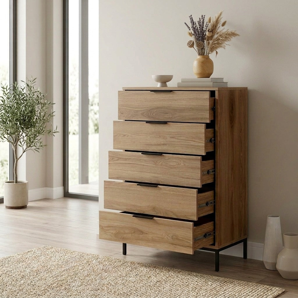 Velgar 70 cm Tall 5 Drawer Chest of Drawers, Soft-Close — Whiskey Oak, image 4