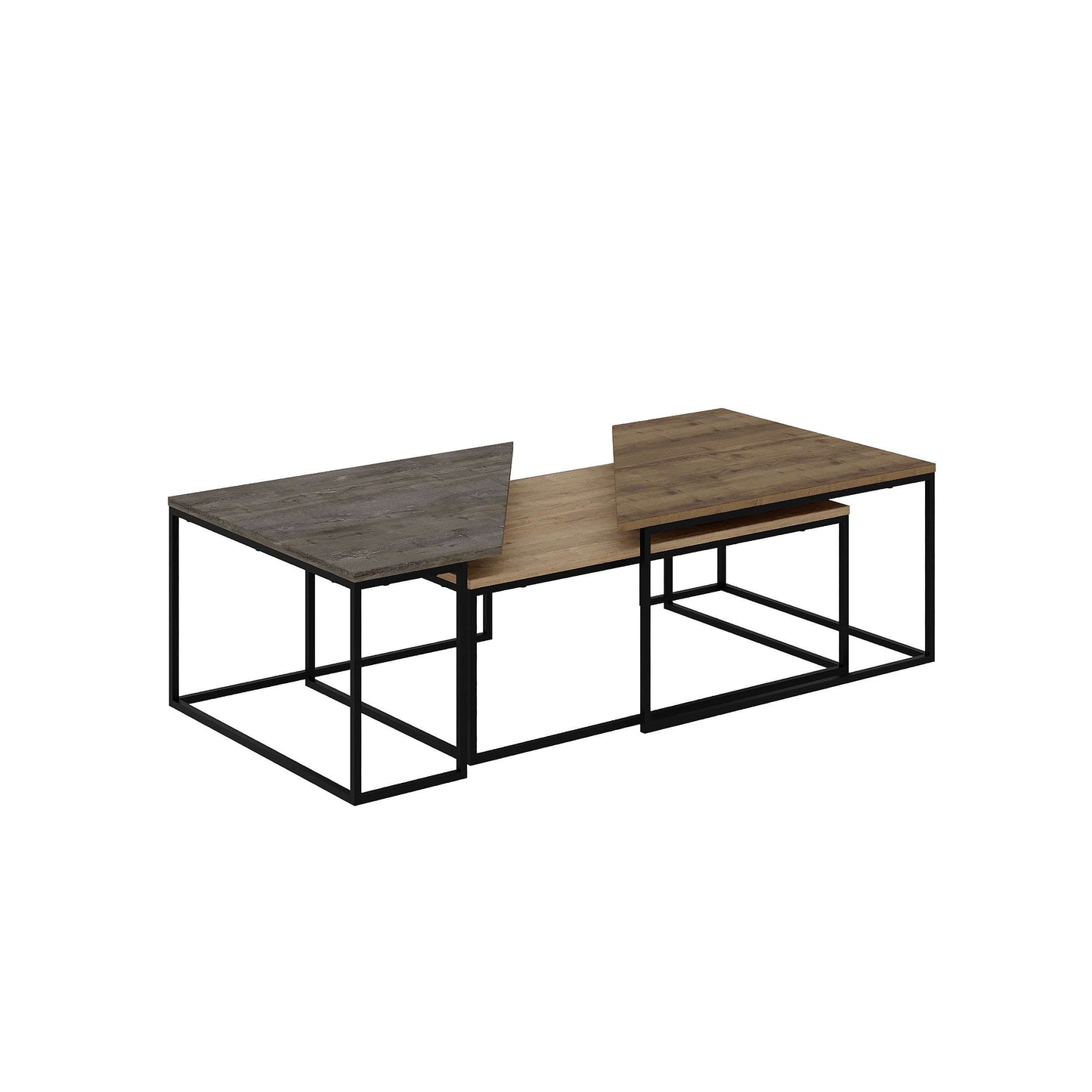 3-piece nesting coffee table set with geometric tops and metal frames, perfect for flexible and space-saving living room use.