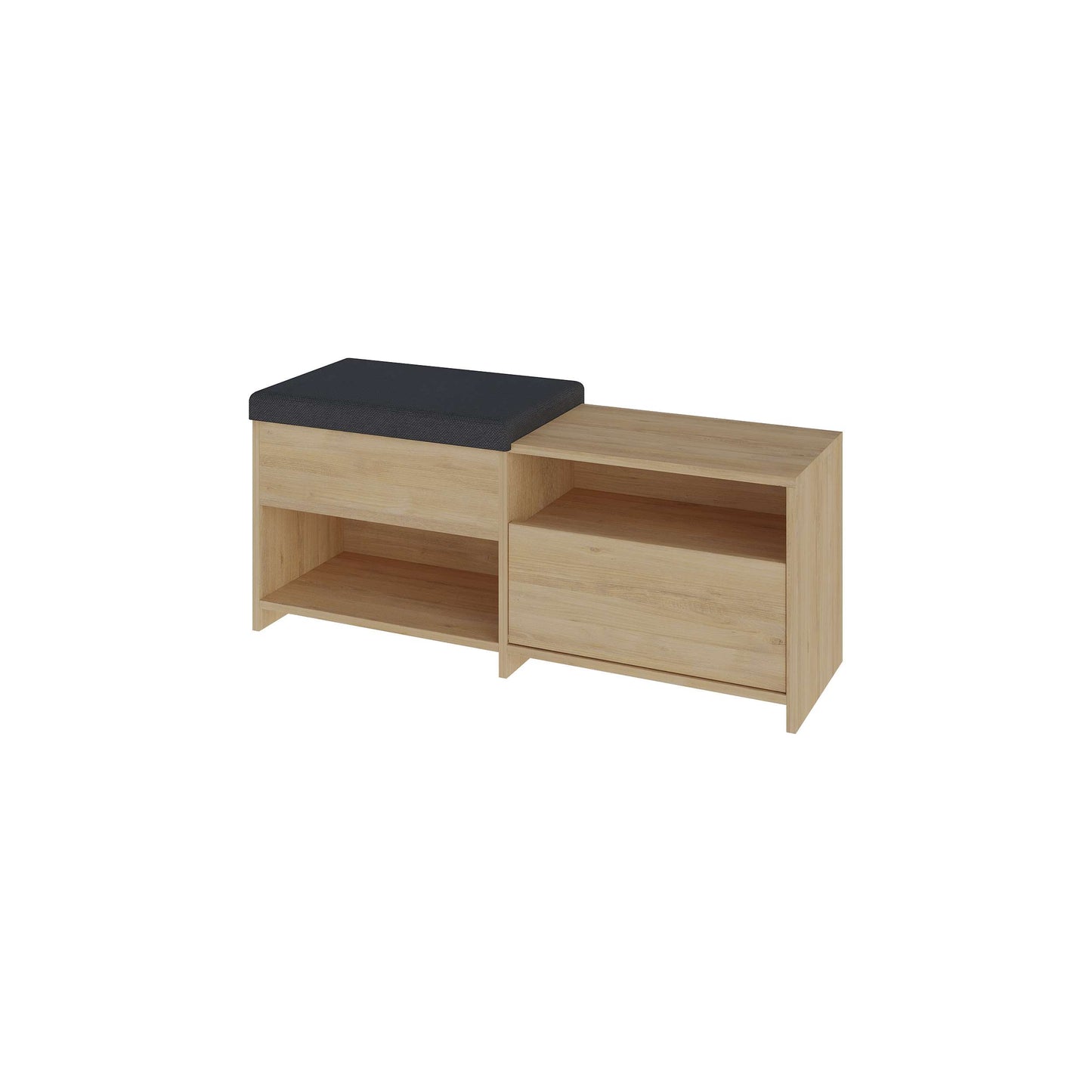 Compact hallway shoe bench with cushioned seat, open shelves and flap compartment, perfect for entryway storage.
