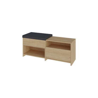 Compact hallway shoe bench with cushioned seat, open shelves and flap compartment, perfect for entryway storage.