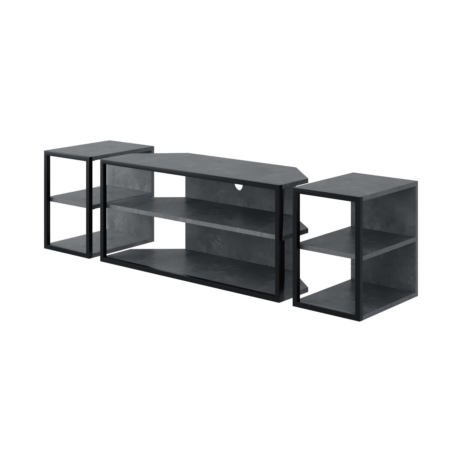 3 pieces TV unit with black metal frame and open shelves, ideal for gaming consoles and modern media storage.