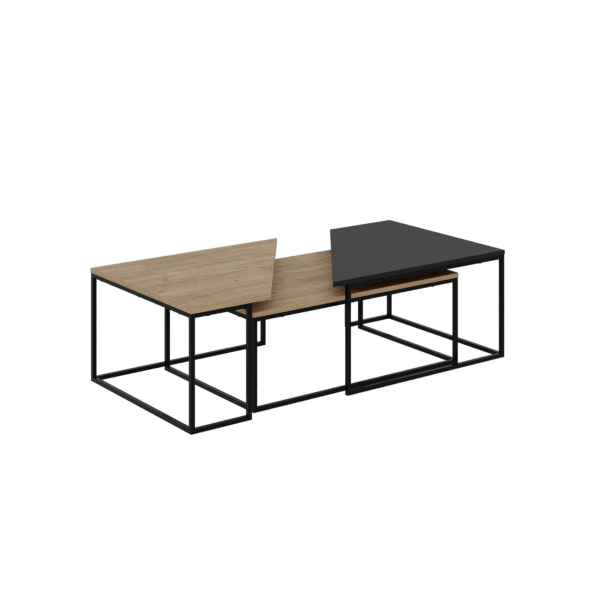 3-piece nesting coffee table set with geometric tops and metal frames, perfect for flexible and space-saving living room use.
