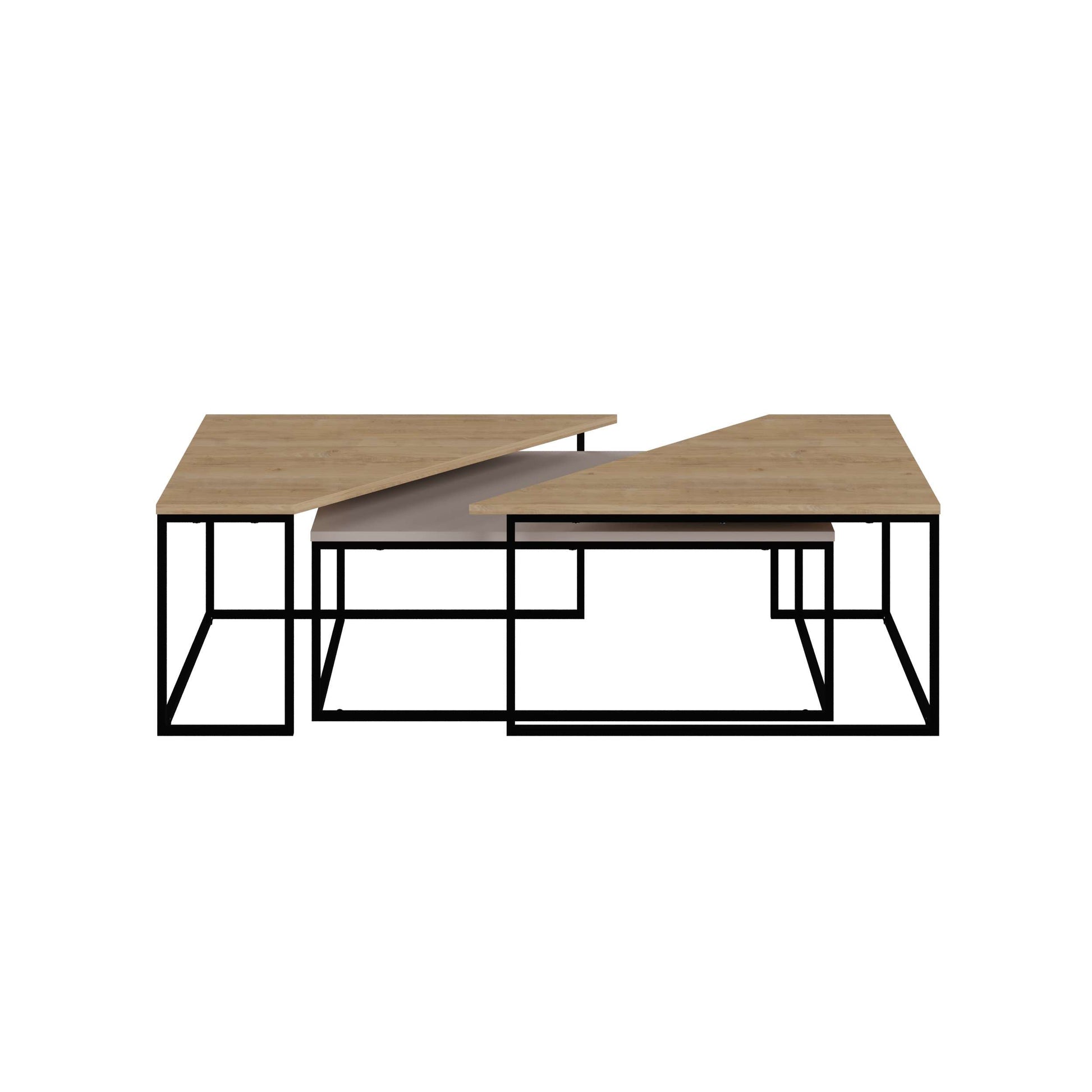 3-piece nesting coffee table set with geometric tops and metal frames, perfect for flexible and space-saving living room use.